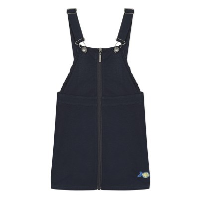 Jardineira curta azul escuro com fecho de correr e alças ajustáveis