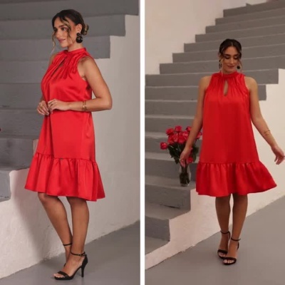 Vestido Acetinado Vermelho Elegante com Folho Miss You