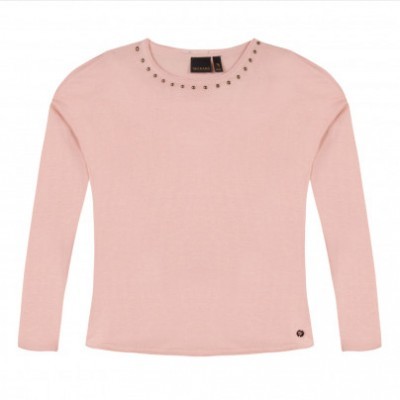 Camisola rosa claro com tachas metálicas na gola e logótipo na barra