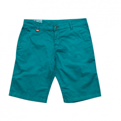 Calções azuis turquesa com bolso e botão na frente