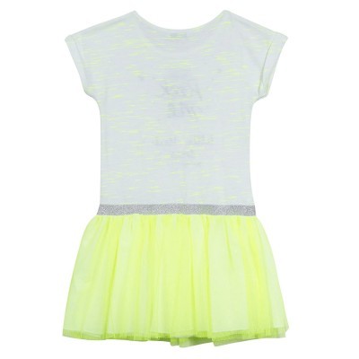 Vestido infantil branco e amarelo fluorescente com saia em tule