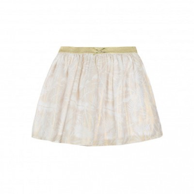 Saia feminina clara com cintura dourada elástica e padrão subtil