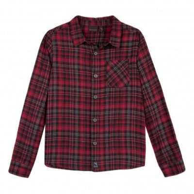 Camisa de manga comprida xadrez vermelho e preto com bolso no peito