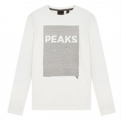 Camisola branca de manga comprida com estampa PEAKS em linhas pretas