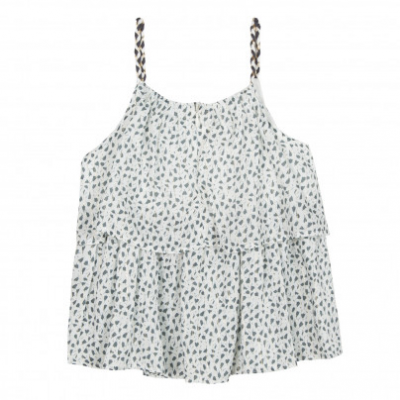 Top feminino branco com padrão de folhas verdes e alças torcidas