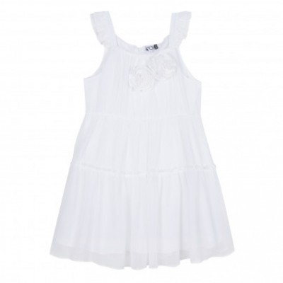 Vestido infantil branco com flores decorativas no peito e alças largas