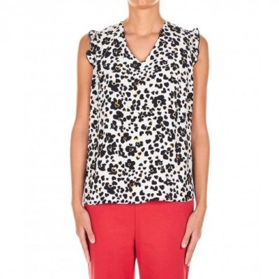 Top feminino animal print com botões e folhos nos ombros