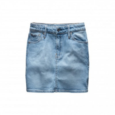 Saia curta de ganga azul clara com bolsos frontais
