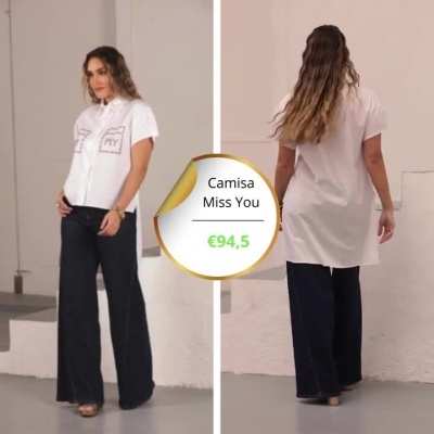 Mulher a vestir camisa branca Miss You em detalhe e vista lateral e frontal