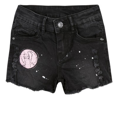 Calções de ganga pretos com manchas brancas e aplicação redonda rosa