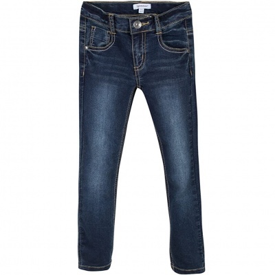 Calças de ganga azuis escuras para criança com bolsos frontais e botão metálico