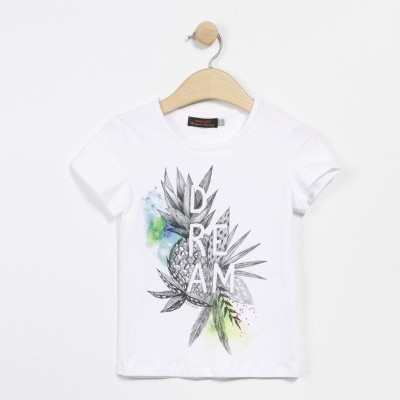 T-shirt branca para criança com estampa de abacaxi e texto DREAM