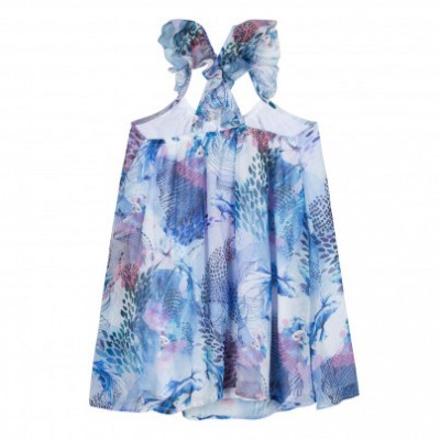 Vestido infantil azul com padrão abstrato e alças torcidas