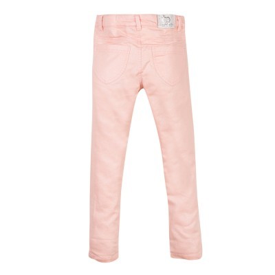 Calças de criança rosa claro com bolsos traseiros e etiqueta branca