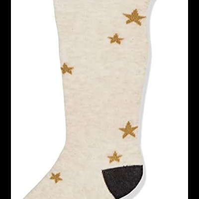 Meia comprida bege com estrelas douradas e reforço preto