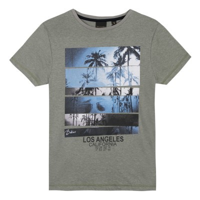 T-shirt cinzenta com estampado azul de palmeiras e texto Los Angeles California