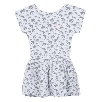 Vestido infantil branco com padrão de palmeiras cinzentas