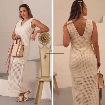 Vestido Midi Feminino Bege em Malha Perfurada sem Mangas Miss You
