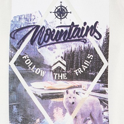 Estampa de montanha com lobo e texto Mountains e FOLLOW THE TRAILS