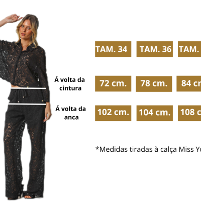 Conjunto feminino preto rendado com blusa e calças, medidas de cintura e anca para os tamanhos 34, 36 e 38