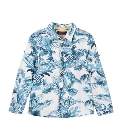 Camisa branca com padrão azul de folhas e flores para criança