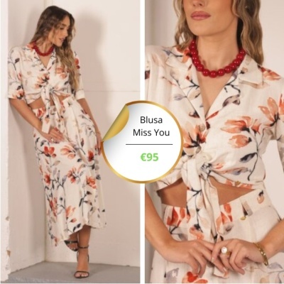 Blusa feminina Miss You branca com estampa floral em tons laranja e vermelho com nó frontal