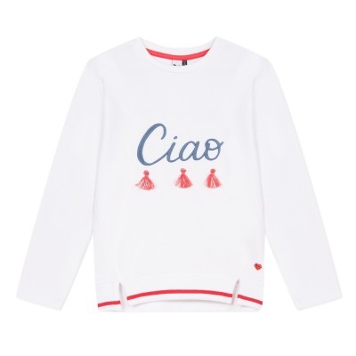 Sweatshirt branca com palavra 'Ciao' e pompons rosa