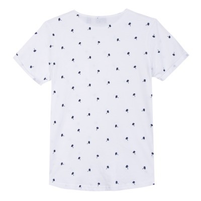 T-shirt branca com pequenas estampas azuis