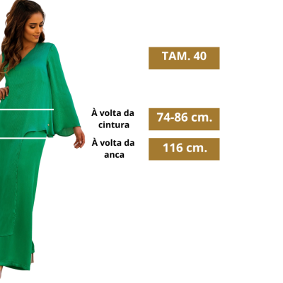 Vestido verde longo com uma manga só e medidas tamanho 40