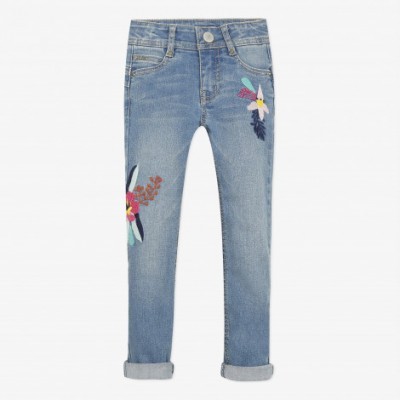 Calças de ganga azuis com bordados florais para criança