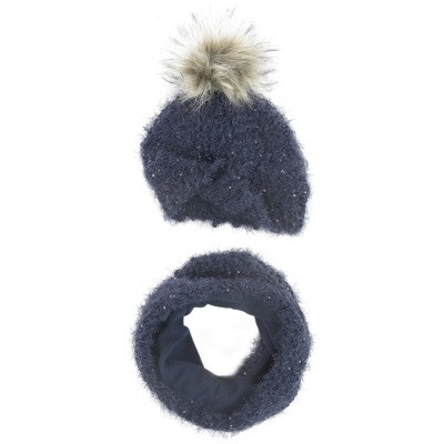 touca e gola azul escuro felpudo com pompom castanho