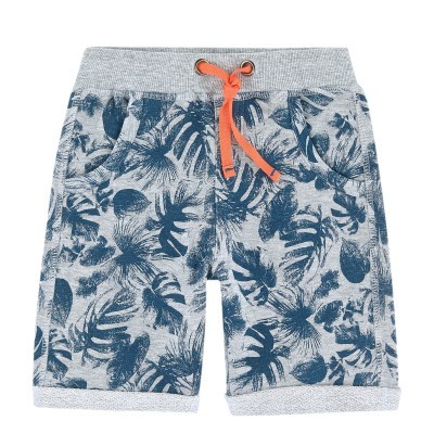 Calções cinzentos com padrão azul de folhas e ananases e cordão laranja