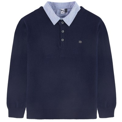 Camisola de gola polo azul escura com colarinho azul claro