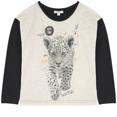 Camisola de criança bege com mangas pretas e leopardo estampado