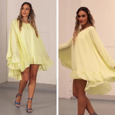Vestido Amarelo Fluido com Folhos Miss You