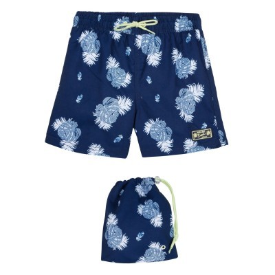 Calções de banho azul escuro com padrão de folhas e saco de tecido correspondente