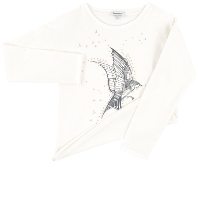 T-shirt branca de manga comprida com estampa de pássaro preto e cinzento e pontos dourados