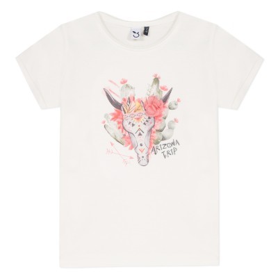 T-shirt branca com estampado de cabeça de veado e flores com texto ARIZONA TRIP