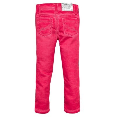 Calças de criança rosa vivo com bolsos traseiros e etiqueta branca no cós