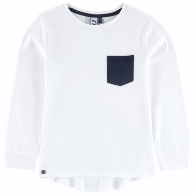 Camisola infantil branca com bolso azul escuro e manga comprida