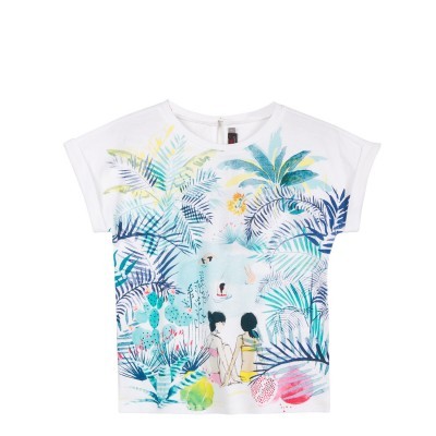 T-shirt branca com estampa tropical colorida