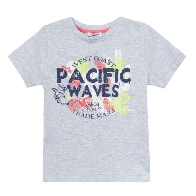 T-shirt cinzenta com estampado de texto e flores coloridas