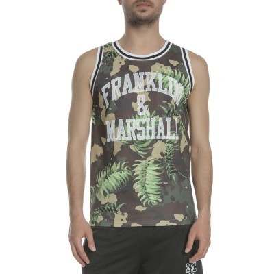 T-shirt masculina sem mangas com padrão camuflado verde e castanho e texto FRANKLIN & MARSHAL em branco