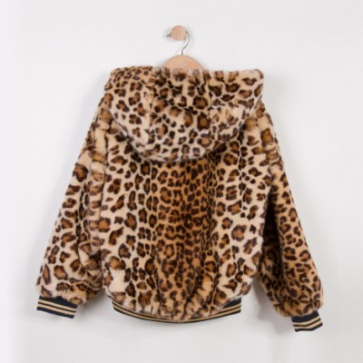 Casaco de pelo sintético animal print com capuz pendurado