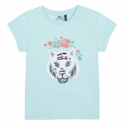 T-shirt azul clara com estampa de tigre e flores