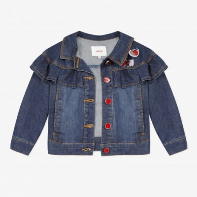 Casaco de ganga azul com folho e botões vermelhos