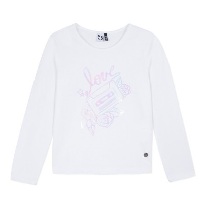 Camisola branca de manga comprida com estampa colorida e a palavra LOVE