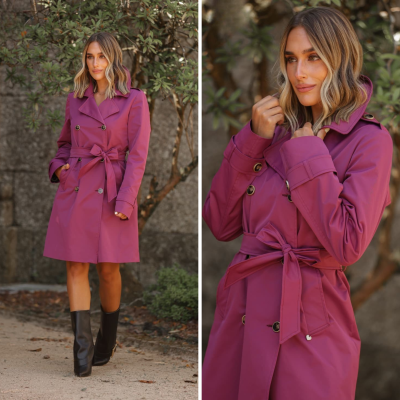 Mulher a usar casaco trench coat vinho com botões e cinto ao ar livre.