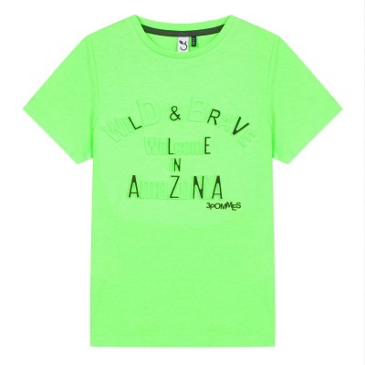 T-shirt verde fluorescente de manga curta com estampado de texto em relevo e impresso