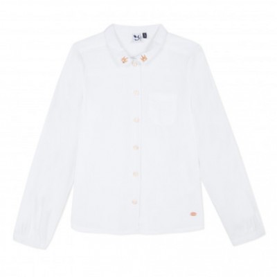 Camisa branca de manga comprida com gola e botões rosa claro